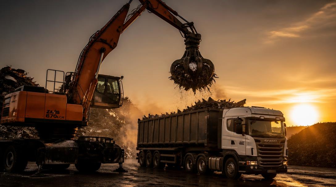 Material handler grab loading ferrous scrap metal onto a haulage truck in a scrap yard