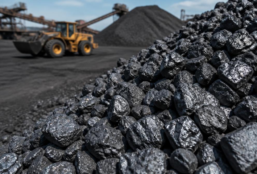 Bulk manganese ore stockpile at an export terminal with a loader
